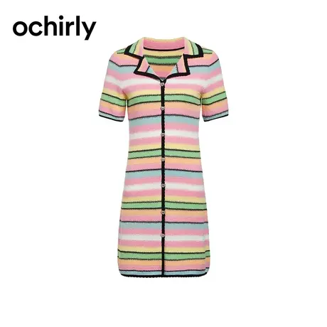 幻彩条纹短袖针织连衣裙 ochirly欧时力2024新款春装设计感透气图片