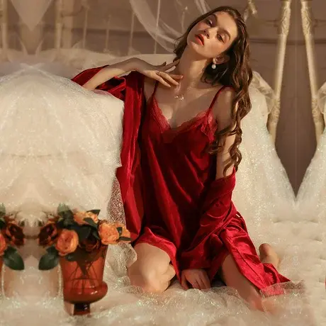 睡衣女春秋冬性感金丝绒纯欲风睡袍睡裙2023新款红色结婚新娘晨袍图片
