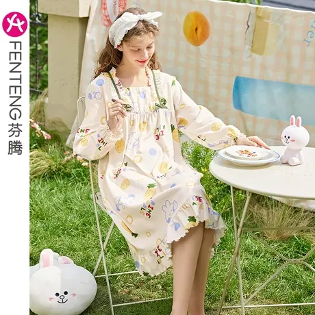 芬腾布朗熊睡裙女春秋季纯棉长袖睡衣裙甜美少女可爱家居服中长裙商品大图