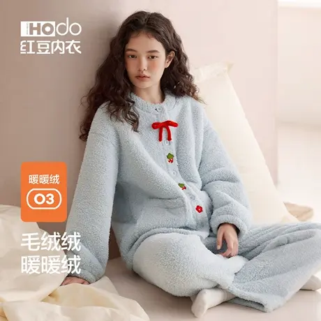 红豆女桂花绒睡衣加厚防静电小香风少女外穿珊瑚绒保暖家居服套装图片