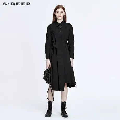【直播间专属】sdeer圣迪奥压褶收腰不规则衬衫连衣裙S22161222图片