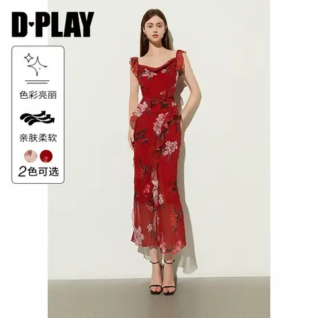 DPLAY2024夏季度假风红色印花荡领雪纺吊带连衣裙长裙女裙子图片