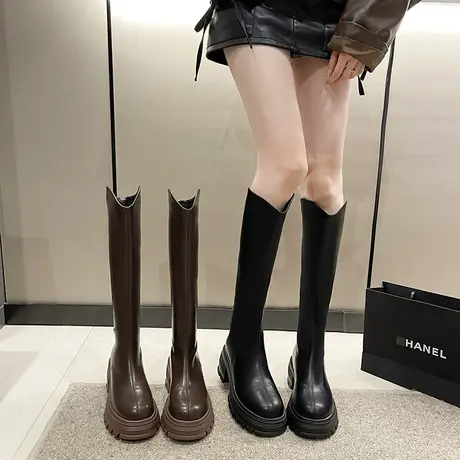 长筒靴女2023春秋季新款英伦风超火百搭瘦瘦靴粗跟高跟v口骑士靴图片