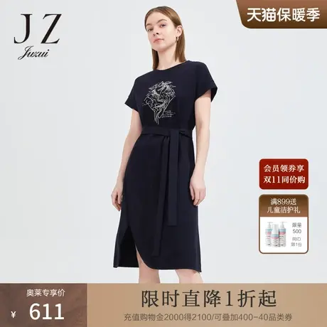 JZ玖姿简约圆领棉时尚开衩裙子女2022夏季新款系带收腰短袖连衣裙图片