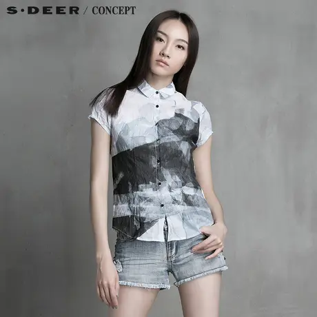 sdeer圣迪奥正品女装夏装渐变色块水墨晕染抓皱短袖衬衫5280406图片
