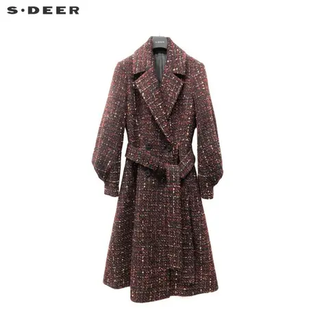 sdeer圣迪奥女装休闲西装领收腰格子长款大衣S224Z25C4商品大图