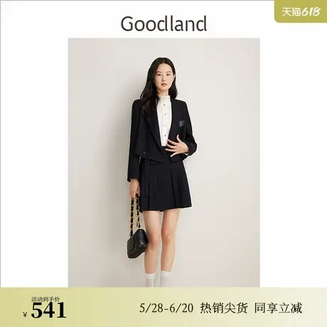 Goodland美地春季法式优雅百褶减龄小黑裙羊毛A字半身裙图片