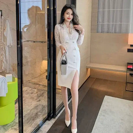 蕾丝拼接包臀连衣裙2023新款秋装修身显瘦名媛开叉气质女装裙子图片