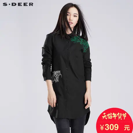 sdeer圣迪奥女装秋装自由灵动线迹绣花长袖圆摆长款衬衫S16380580商品大图