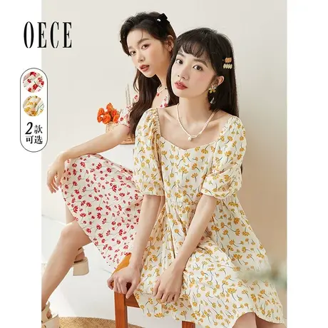 Oece夏装新款女元气清新减龄泡泡袖碎花连衣裙图片