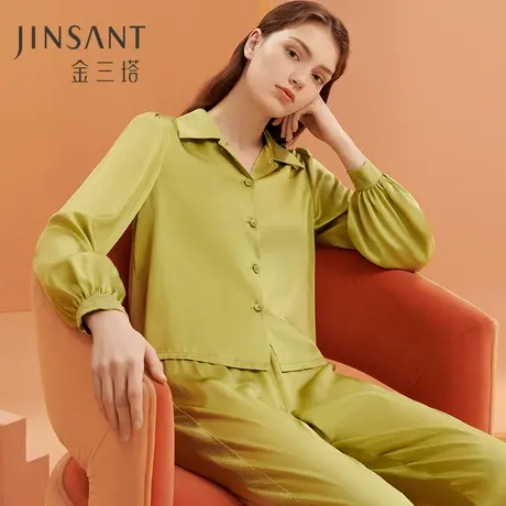 金三塔丝氨酸舒适100%桑蚕丝素色灯笼袖两件套睡衣家居服秋冬新品商品大图