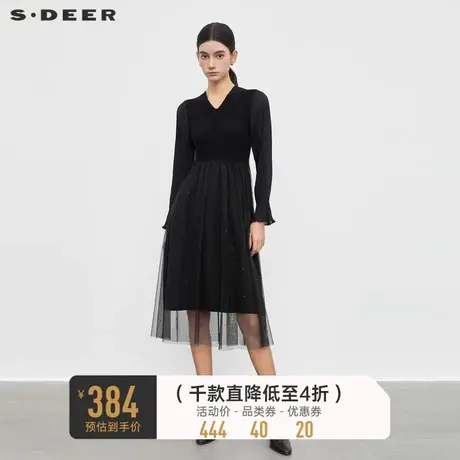 sdeer圣迪奥女装V领针织拼接网纱不规则连衣裙S23461204图片