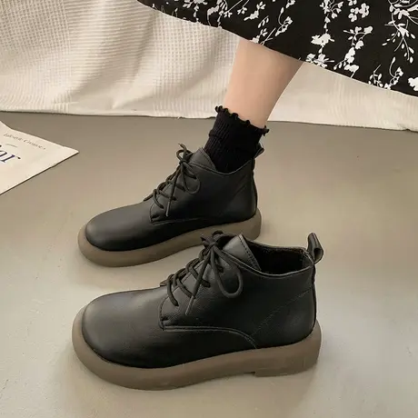 马丁靴女冬加绒2024秋季新款平底百搭软皮软底防滑复古低帮小短靴商品大图