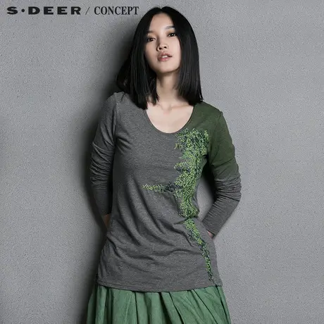 sdeer圣迪奥2017秋冬女装手工凸绣渐变晕染长袖T恤S15380277图片