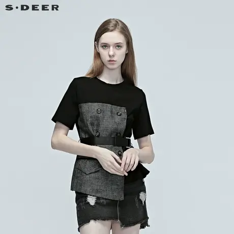 sdeer圣迪奥女装夏装黑色双排扣英伦格纹拼接OL腰带T恤S20280149图片