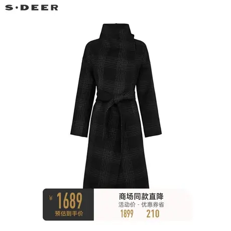 sdeer圣迪奥女装立领格纹收腰毛呢长款大衣S23482533图片