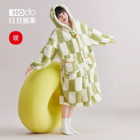 红豆绒女士睡袍牛油果色可爱珊瑚绒加厚保暖秋冬连帽居家长款浴袍图片