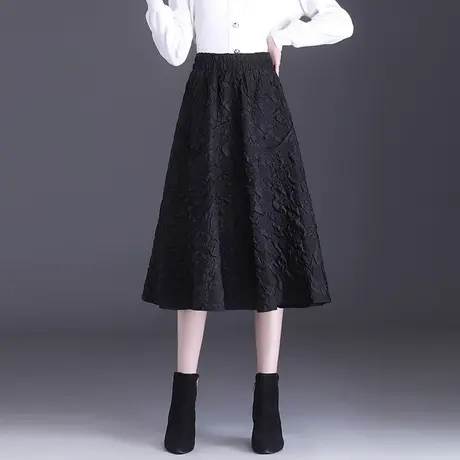 松紧腰提花半身裙女a字裙中长款2023春秋新款高腰大摆裙休闲裙子图片