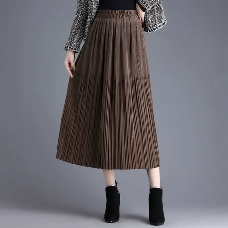 韩版压褶丝绒半身裙女秋冬2023新款高腰半身裙显瘦中长百褶a字裙图片