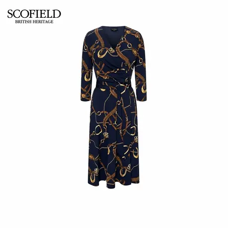 Scofield女装温婉气质锁链印花V领连衣裙褶皱设计2025秋季新品图片
