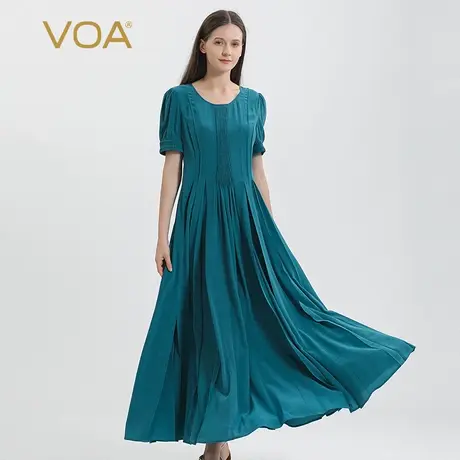 VOA双绉桑蚕丝青蓝色圆领育克褶灯笼短袖中腰百褶大摆真丝连衣裙图片