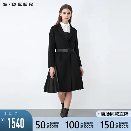 sdeer圣迪奥2021冬装新品翻领收腰百褶拼接黑色毛呢大衣S21481851图片