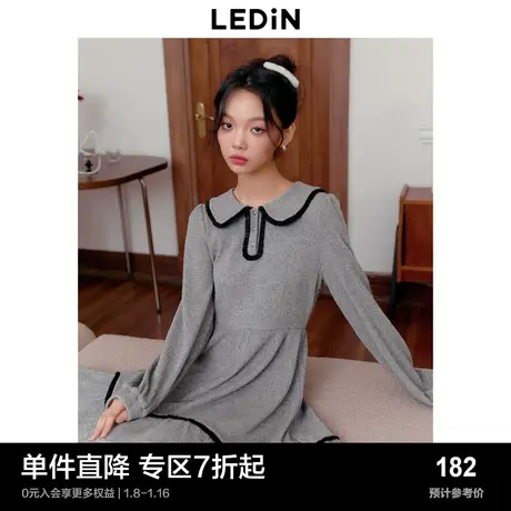乐町少女感娃娃领连衣裙冬季新款肌理感针织裙遮肉显瘦长袖裙图片