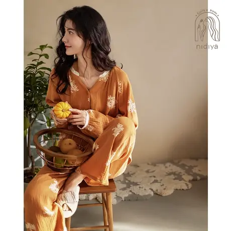 妮狄娅2023睡衣女士春秋季纯棉长袖开衫款纱布宽松简约家居服套装图片