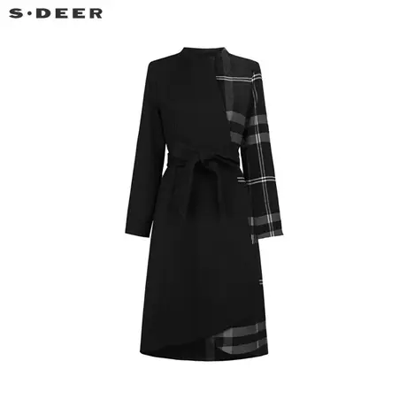 sdeer圣迪奥女装立领格纹收腰毛呢大衣式羽绒服S234Z2408图片