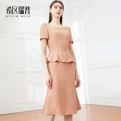 希区瑞普高端法式2024新款女粉色方领荷叶边短袖连衣裙显瘦图片