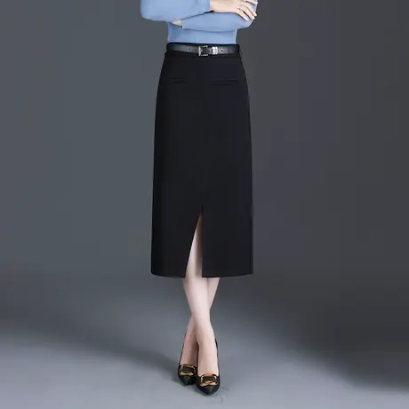 黑色开叉显瘦高腰中长款通勤直筒裙女遮肉包臀半身裙2023秋季新款图片